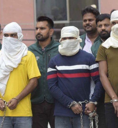 Three persons including two main shooters arrested by Delhi Police Special Cell in the Sidhu Moose Wala murder case, at police headquarters  in New Delhi on Monday. Tribune photo: Manas Ranjan Bhui